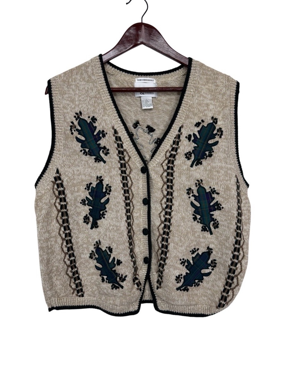 1999 Christopher & Banks Hand Embroidered Ramie Cotton Plaid Leaf Sweater Vest